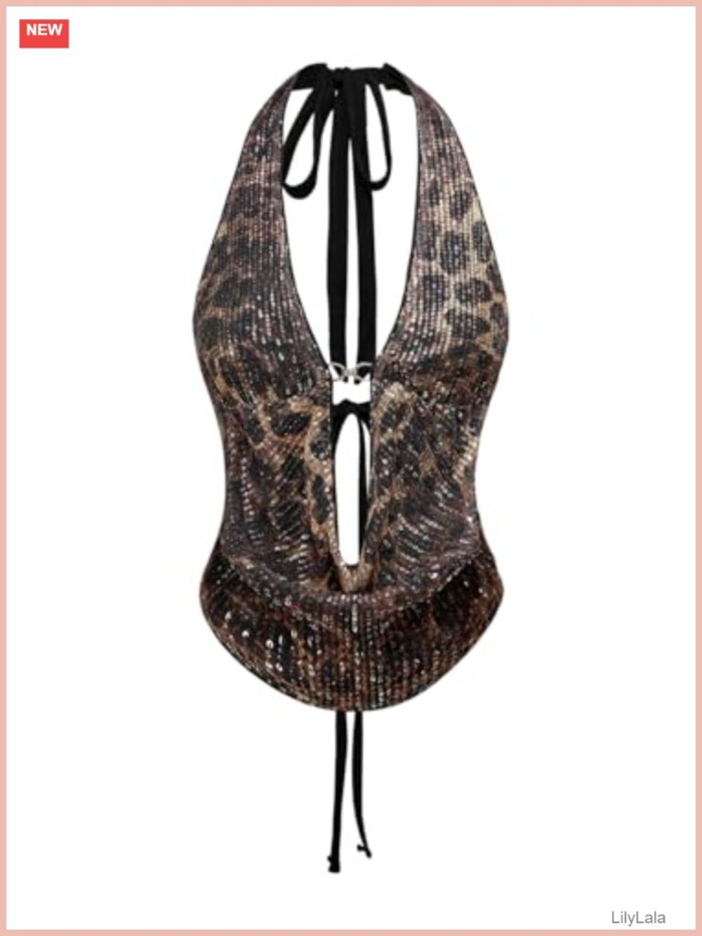 Sequin Cheetah Print Halter Top Self Tie Plunge Neck Sleeveless